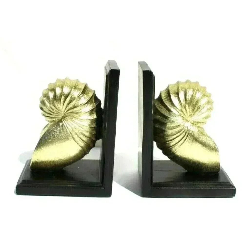 New Black & Gold Ammonite Resin / Wood Ammonite Bookends Room Decor Figurine